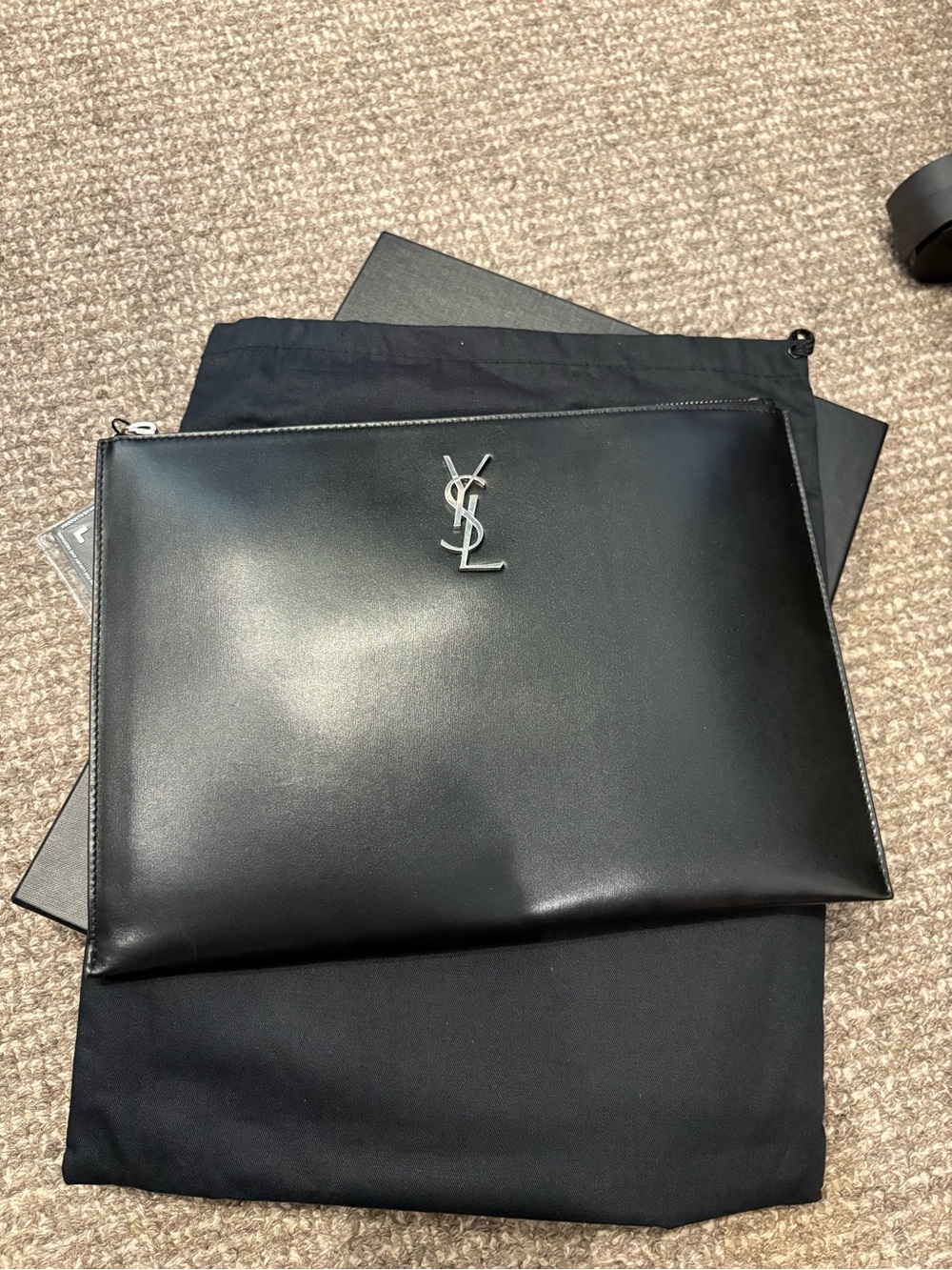 Yves Saint Laurent YSL Black Leather Zip Clutch Bag iPad Tablet Holder FULL SET